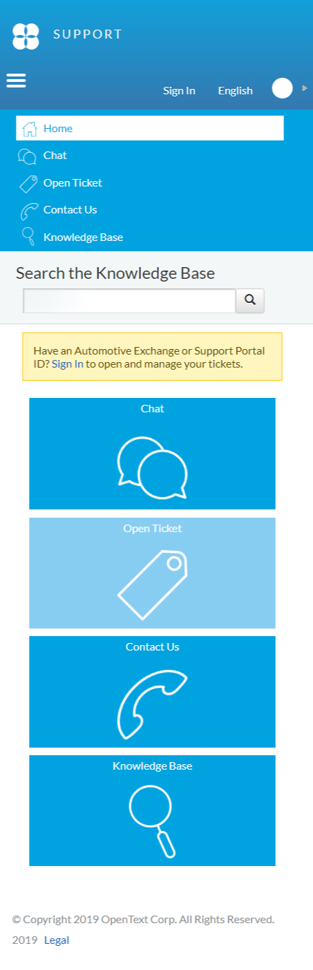 screen shot of the support portal home page at the mobile breakpoint