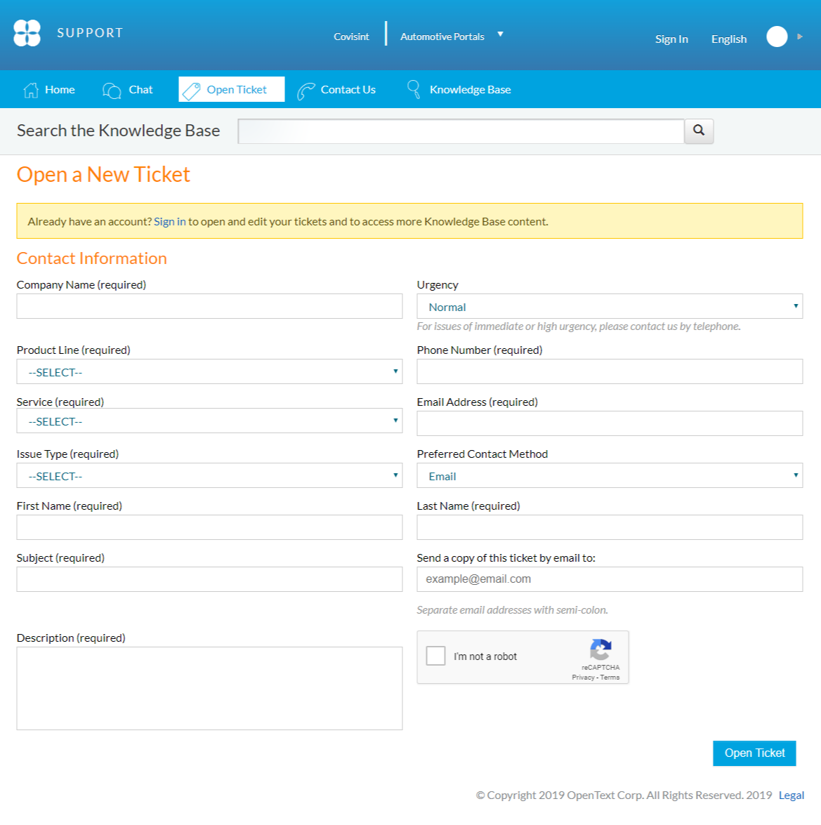 screen shot of the support portal open ticket screen