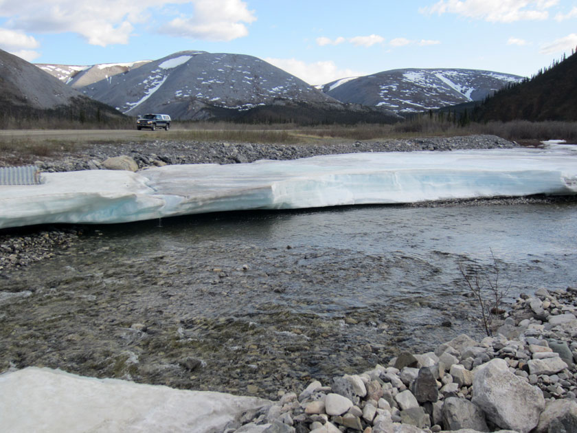 ice and snow build up in a creek