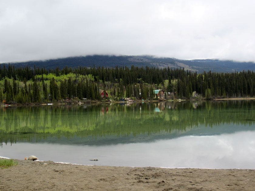 lake with houses and forest in the background