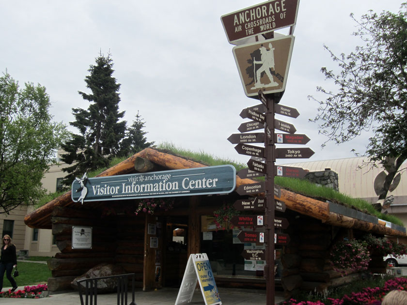 log cabin building with a sign that reads 'visit anchorage Vistior Information Center' with a road sign in the foreground