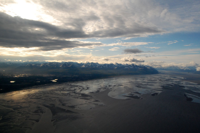 aerial view of mudflats in the Turnagain Arm of the Cook Inlet