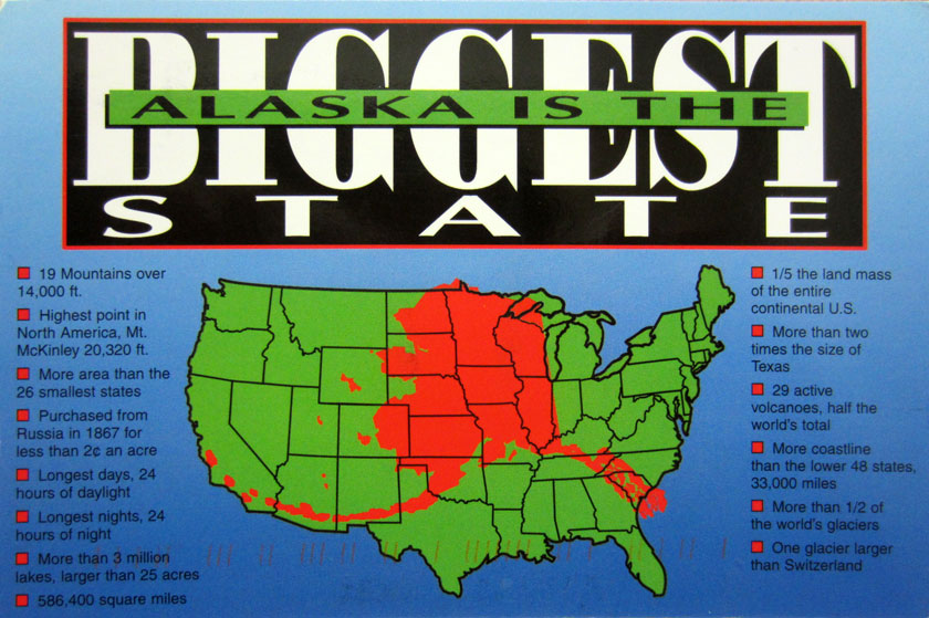 image of the lower 48 United States with the state of Alaska superimposed over them and the words 'Alaska is the biggest state'