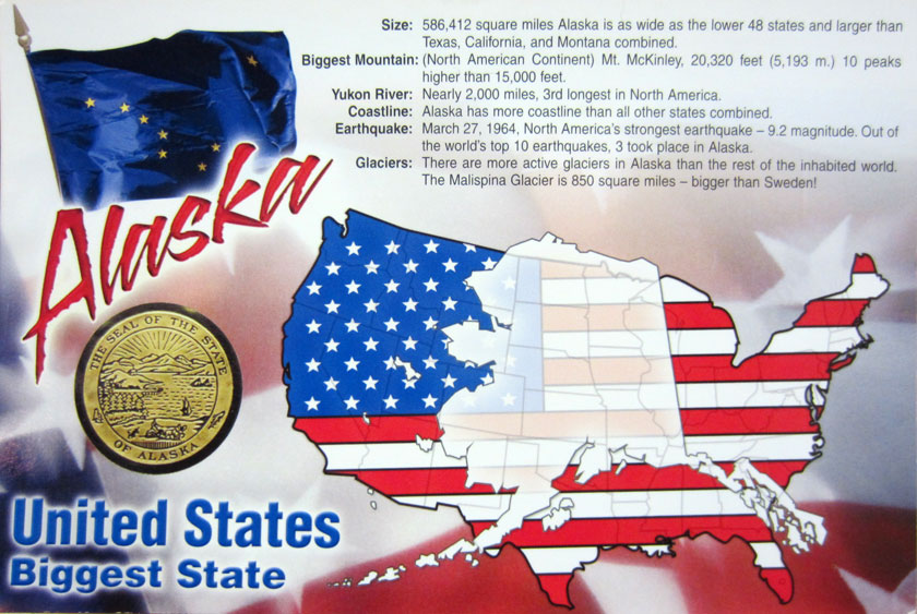 image of the lower 48 United States with the state of Alaska superimposed over them and the words 'Alaska United States biggest state'