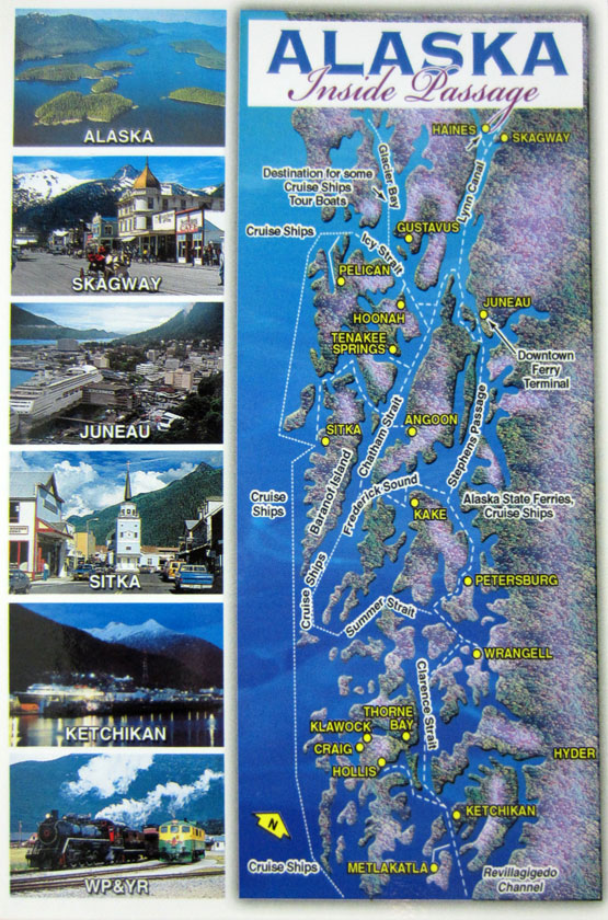 map of Alaska's inside passage area with still photos of cities and sites