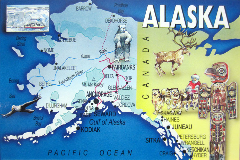 map of Alaska with cities and bodies of waters named