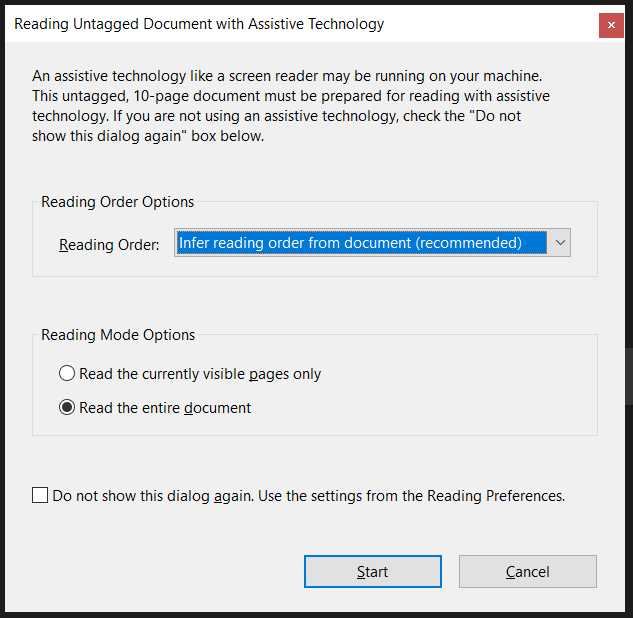 a dialog message for selecting PDF reading options for assistive technology in Adobe Acrobat
