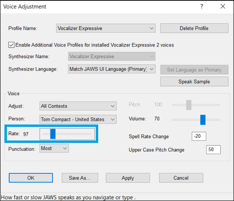 the JAWS voice adjustment menu with the 'Rate' control highlighted. The rate is set to 97.