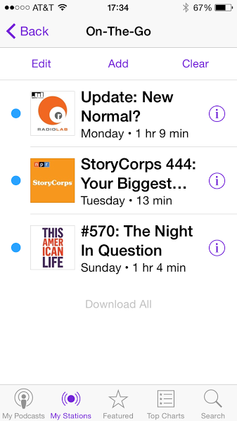 screen shot of the iOS8 Podcasts app screen