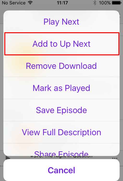 screen shot showing menu options: play next, add to next, remove download, mark as played, save episode, view full description, share, and cancel