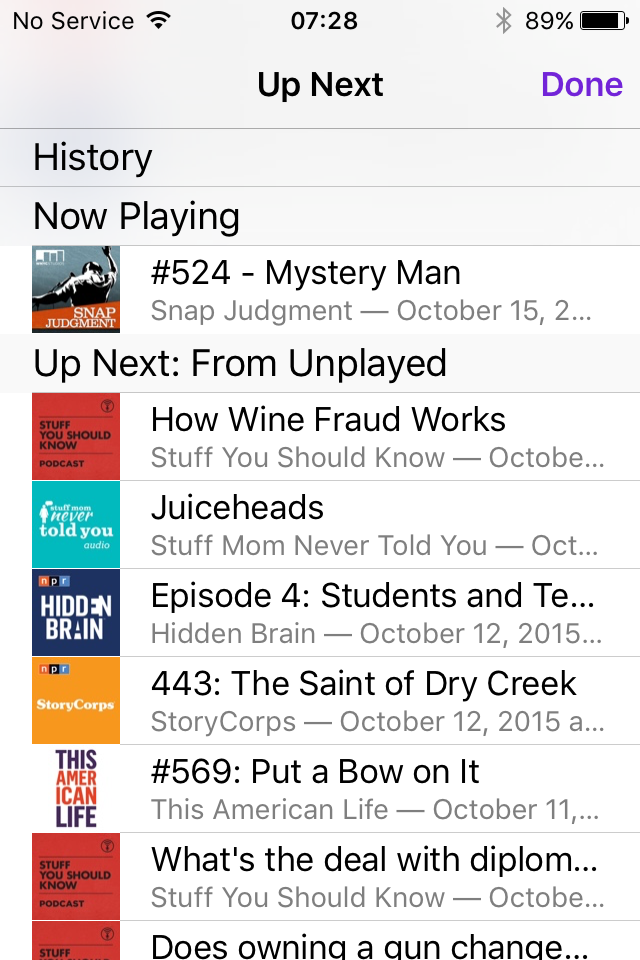 screen shot of the iOS9 Podcast app Up Next screen listing episodes