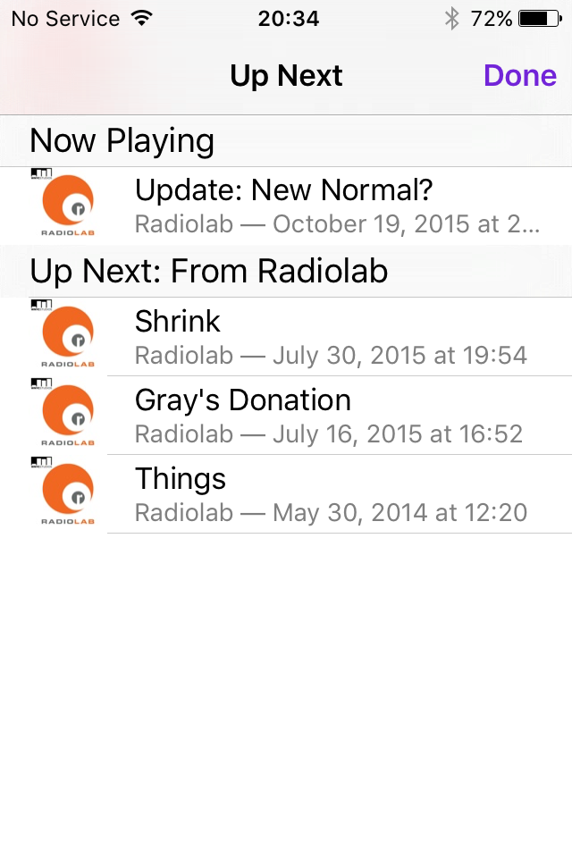 screen shot of the "Up Next" queue listing episodes from the current podcast only