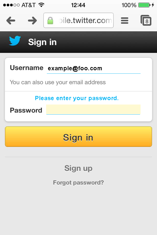 screen shot of sign in form with field labels to the left and error message incontext