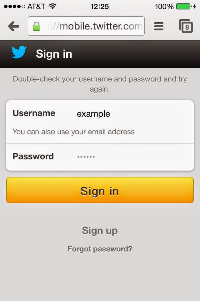 screenshot of Twitter's mobile website sign in form