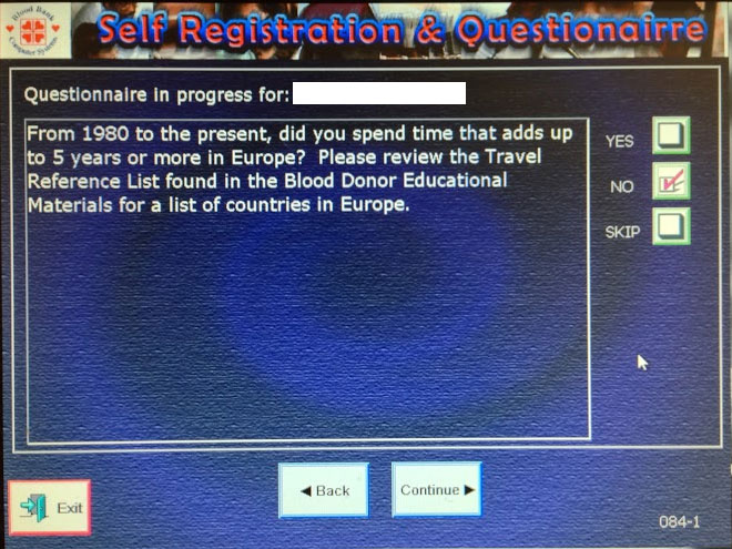Screen shot of the self questionnaire interface