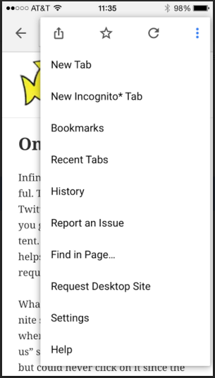 Screen shot of the Chrome mobile browser menu