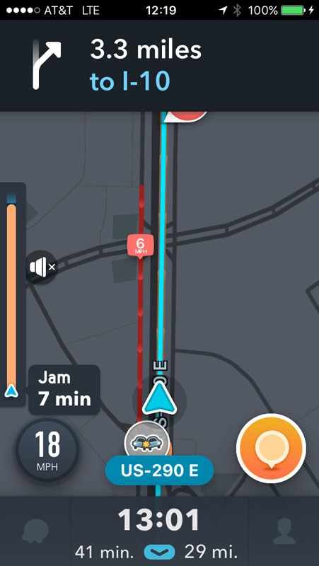 Waze map showing an orange status bar with "Jam 7 minutes"