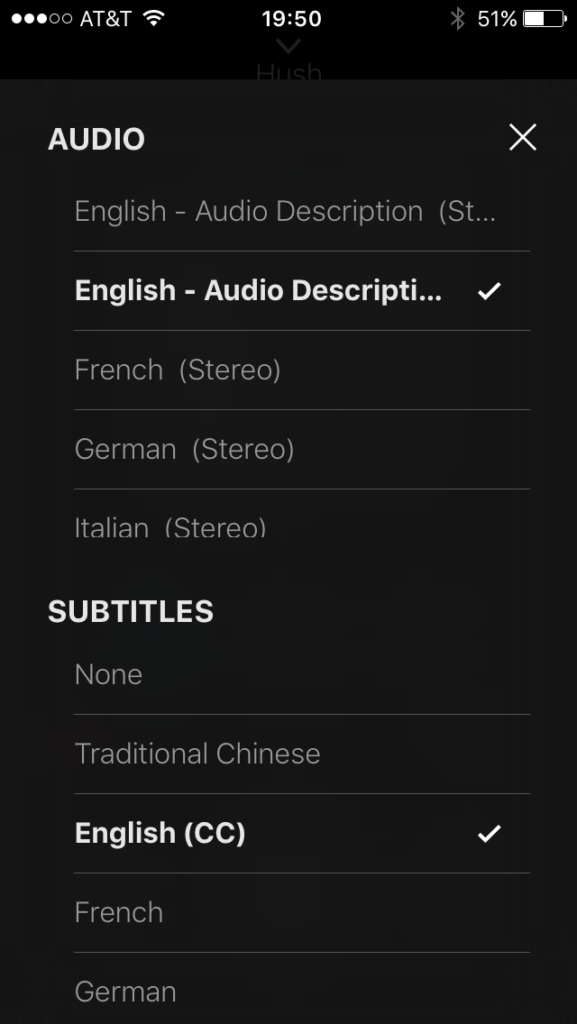 screenshot showing a list of language options for audio and subtitles
