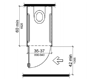 Drawing of an accessible bathroom stall with door opening outward, width 35-37 inches, depth 60 inches, and grab bars