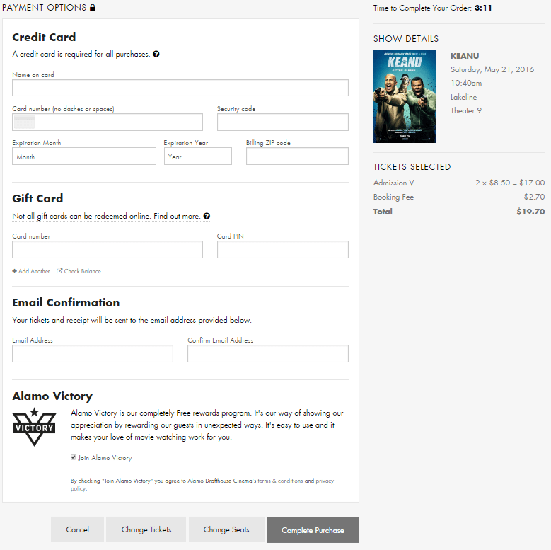 screenshot of an online form for reserving movie tickets