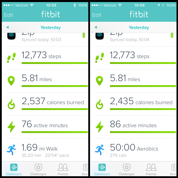 side by side screenshots showing discrepancies between calories and active minutes