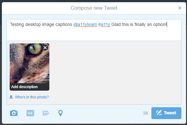Screenshot of a new twitter dialog box with the option to add an image description
