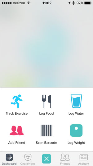 fitbit 'add' screen with options like track exercise and log food