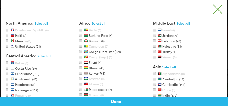 screen shot of the select countries modal window with checkboxes for each country