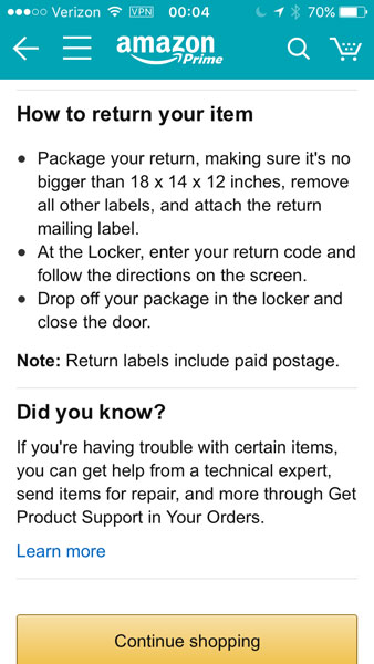 Screenshot: Confirmation instructions for boxing up your return