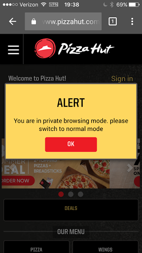 screen shot of Pizza Hut website on a mobile phone with the warning ALERT You are in private browsing mode. please switch to normal mode.