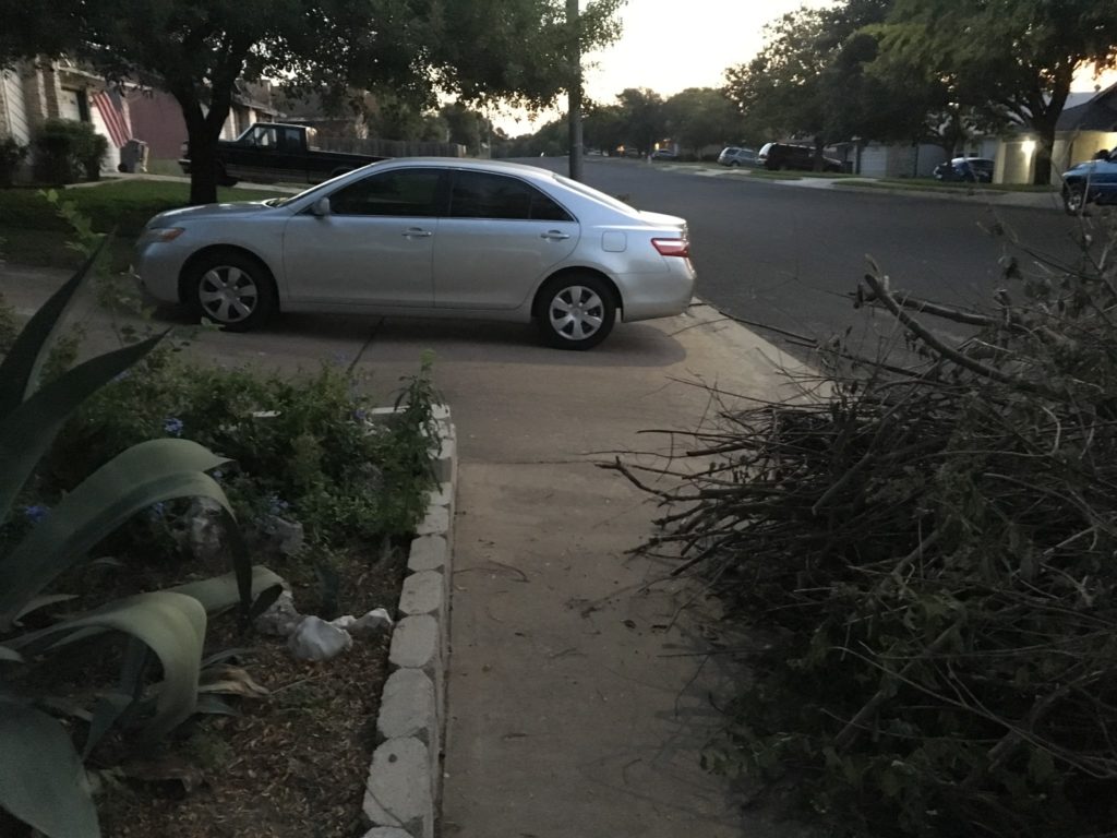 photo of a car blocking the sidewalk, brush encroaching on the sidewalk, and landscaping blocking a way around