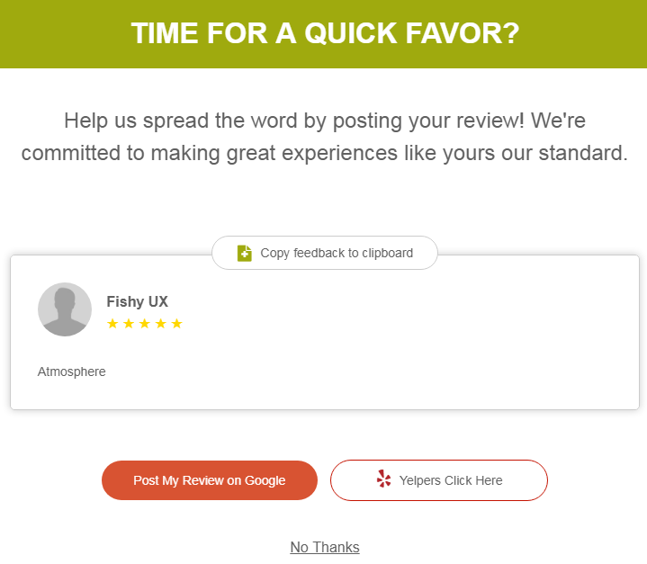 Screen reads time for a quick favor? with links to rate on social media