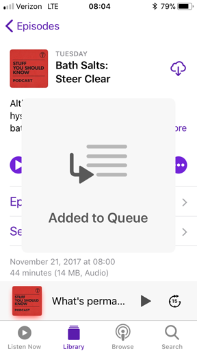 screenshot of the added to queue notification for a podcast episode