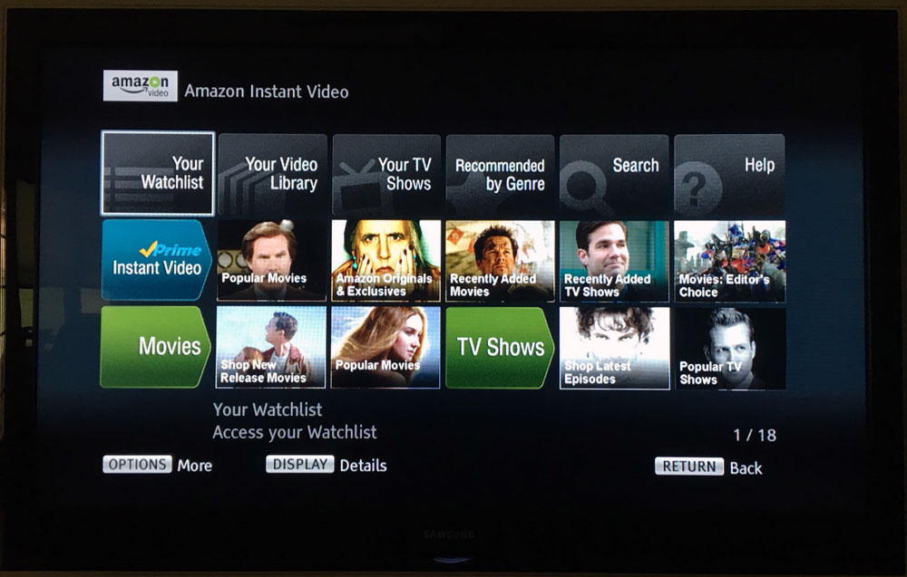 photo of a TV displaying software used to access Amazon Video content