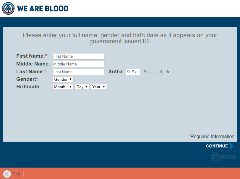 screenshot of the donor information request form with fields for name, gender and birth date.