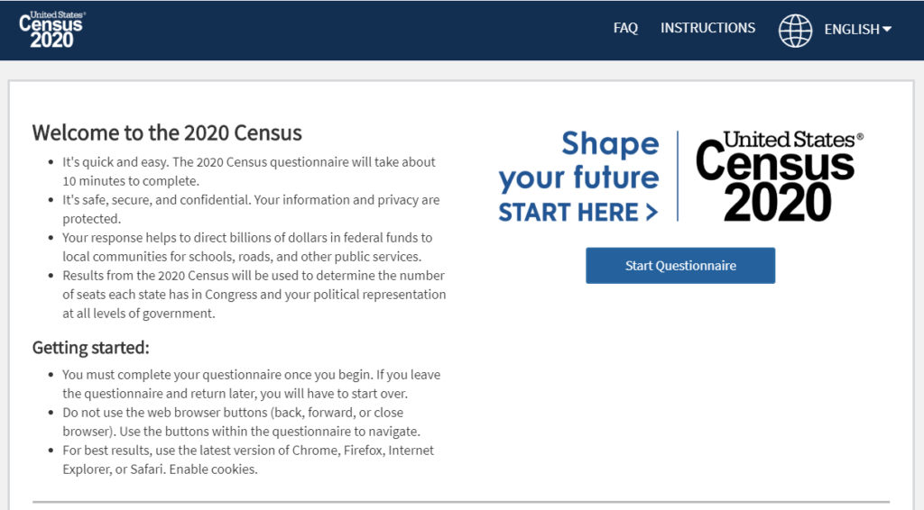 screen shot of the Census 2020 homepage