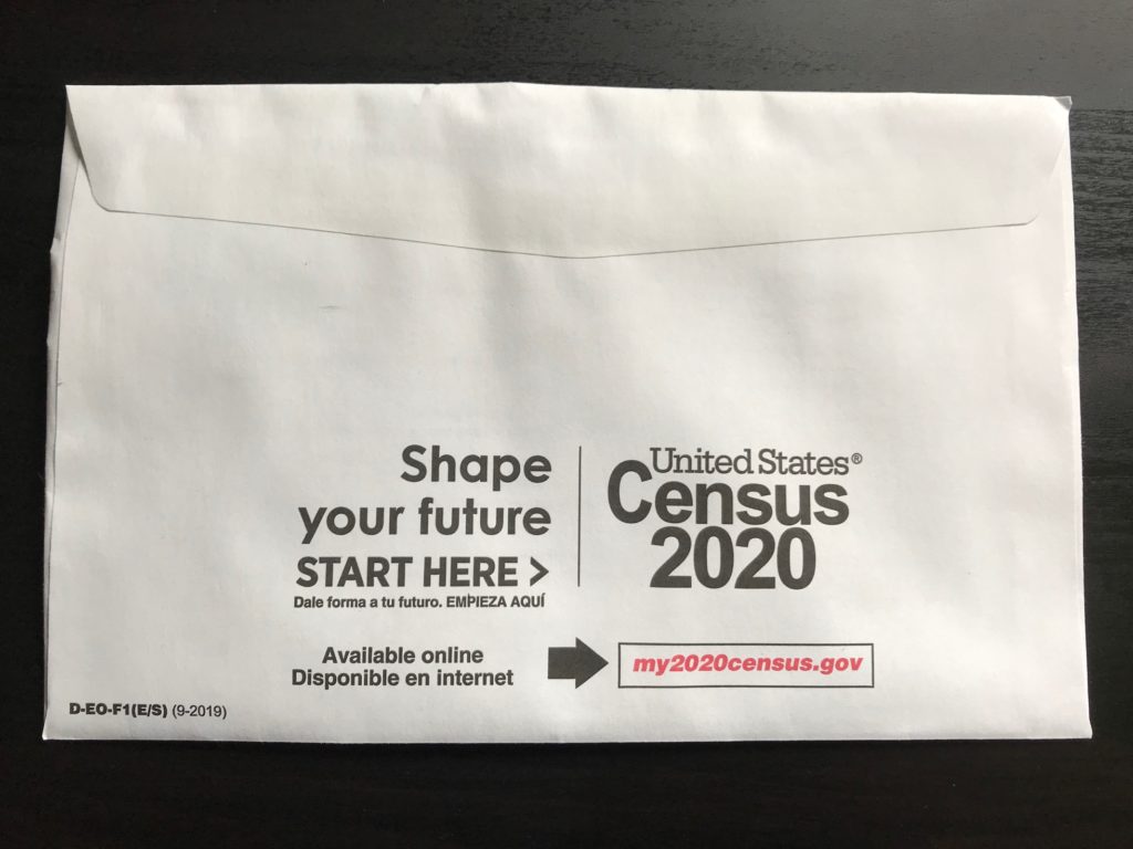 back of the envelope for the 2020 US Census form. It says shape your future start here Census 2020