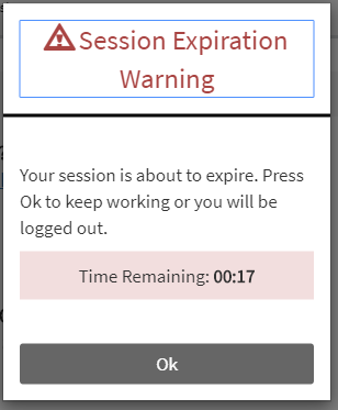 screen shot of a session expiration warning with 17 seconds remaining.