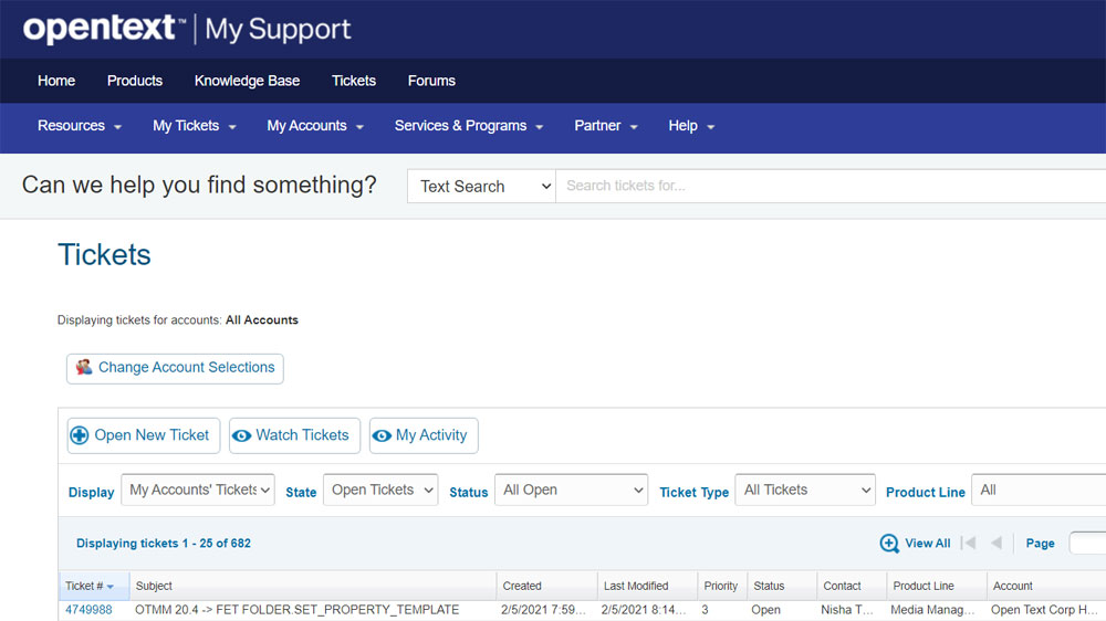 a screenshot of the OpenText support ticket page with a grid of opened tickets.