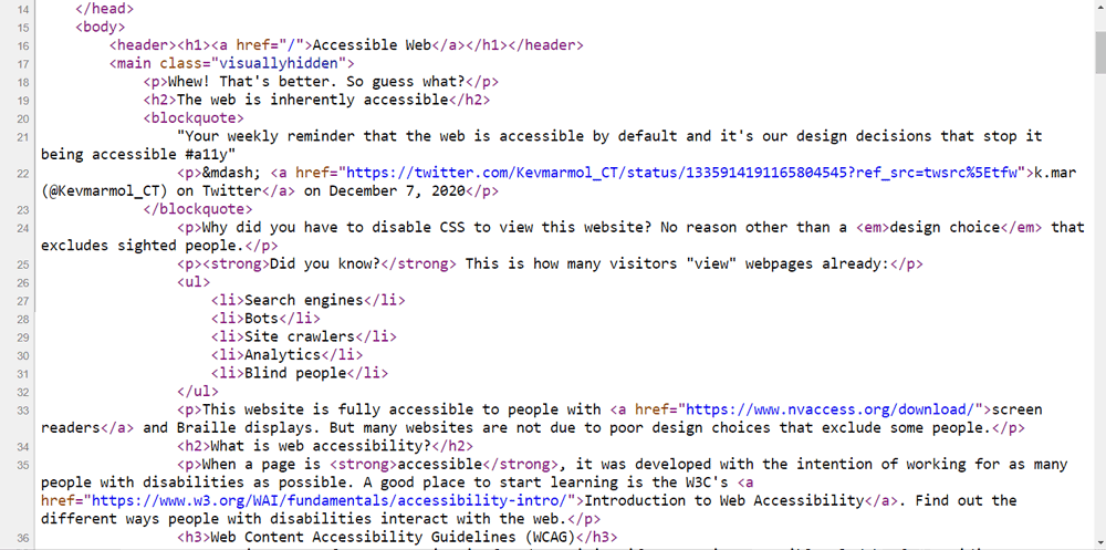 a screenshot of view source on accessibleweb.net about page