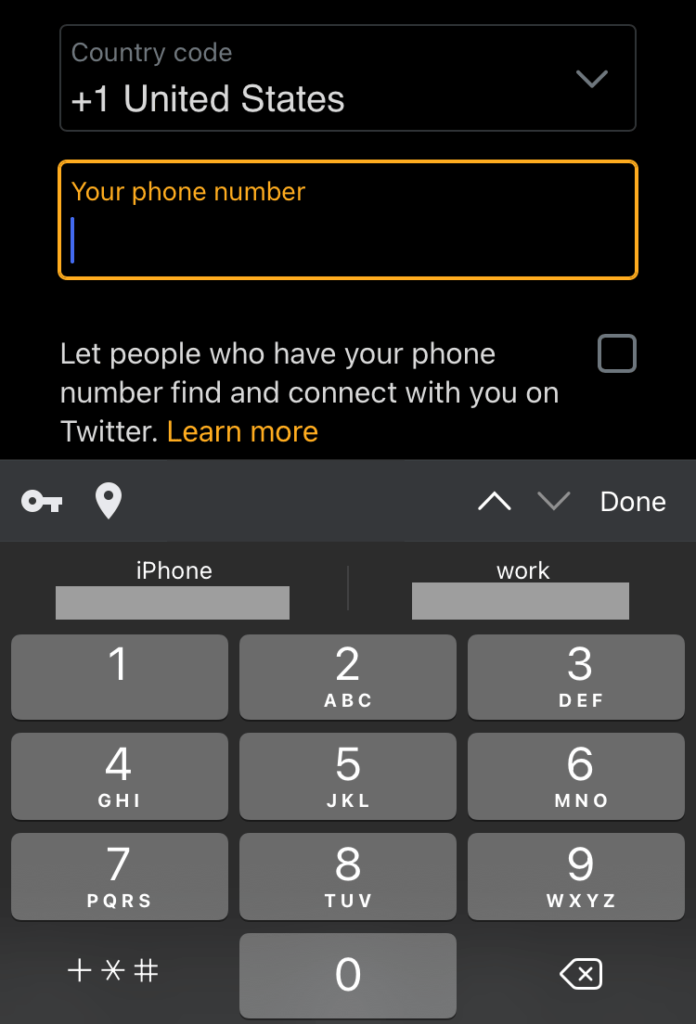 telephone form field on Twitter which displays the numerical telephone keyboard on focus