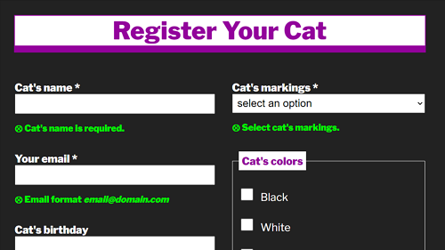 a webpage form titled register your cat with form fields for cat's name, email, cat's markings and cat's colors