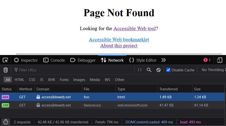Web page and network tab in developer tools displaying a 404 response - page not found