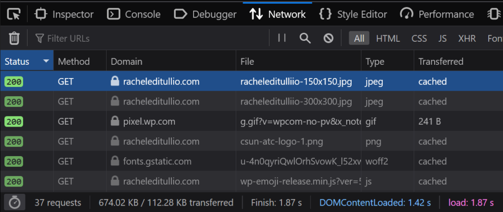 screen shot of the network tab in Firefox developer tools displaying 6 200 responses to content requested for a page on domain racheleditullio.com