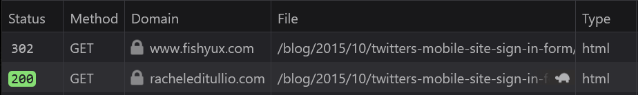 Network tab in developer tools displaying a 302 response to domain request www.fishyux.com and the 200 response after redirect.