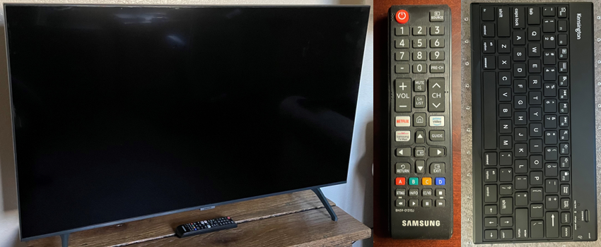 Samsung 42" TV and remote next to a Bluetooth keyboard