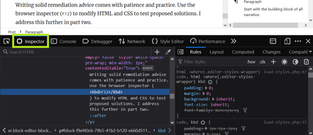 The Inspector tab displaying HTML and CSS code in Firefox Devtools