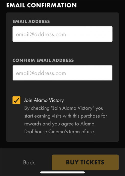 Email confirmation section with email address and confirm email address fields followed by a checkbox that is already checked for Join Alamo Victory