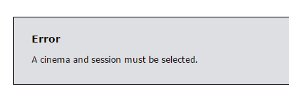 Error. A cinema and session must be selected.