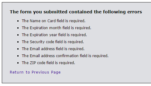screenshot of an error message page indicating all the fields that are required